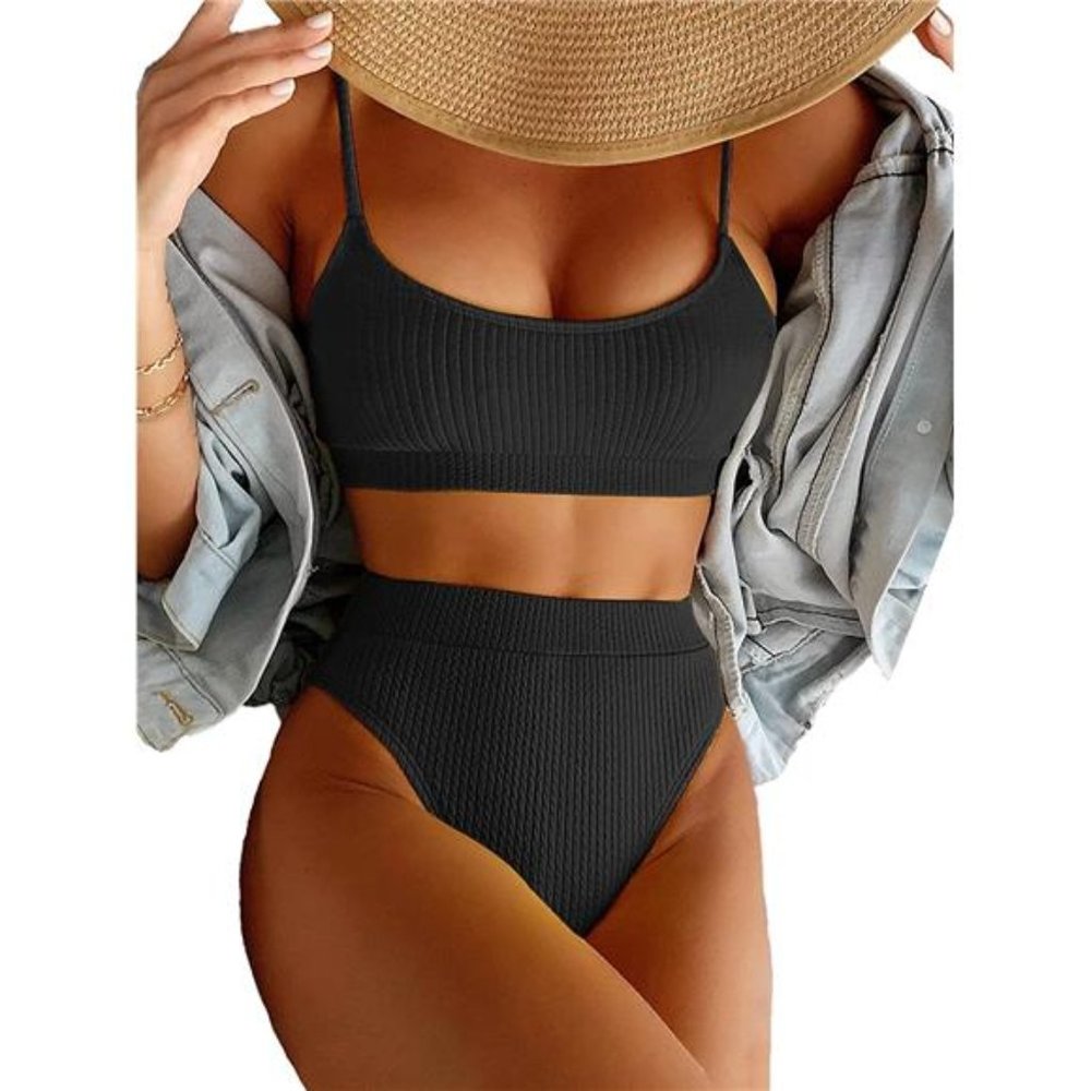 High Waisted Tummy Control Ribbed Bikini Crop Top Brazilian Swimsuit Set 2 Piece